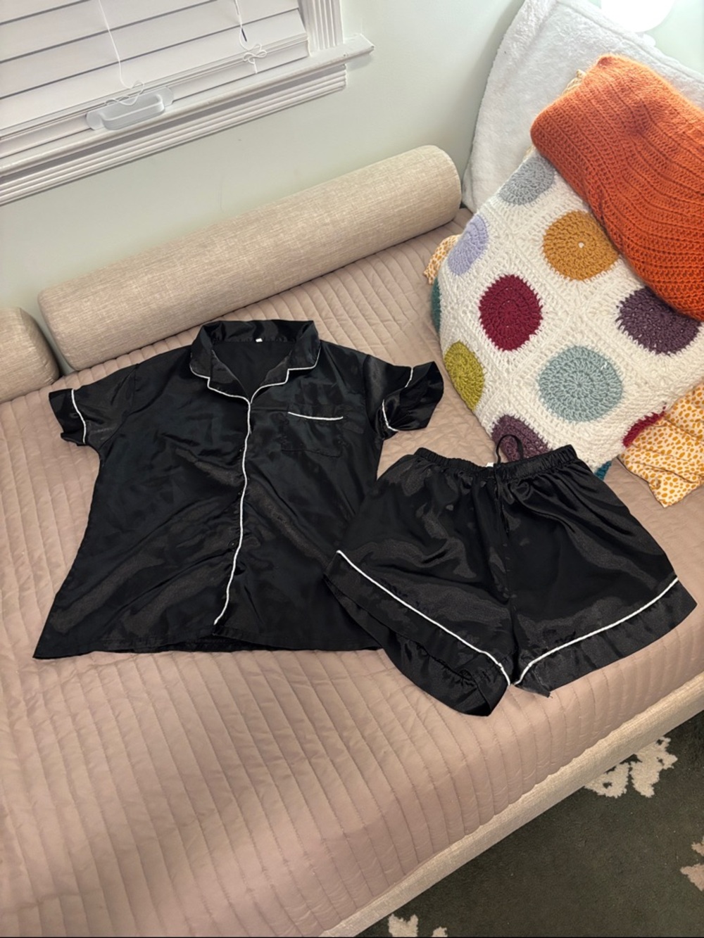 Black Satin Short Sleeve Pajama Set with White Piping